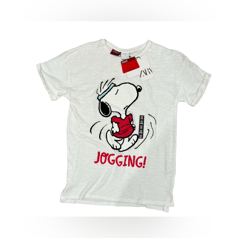 Zara Snoopy Peanut Shirt Kids Unisex Size 11-12 White Crew Neck Short Sleeve NWT